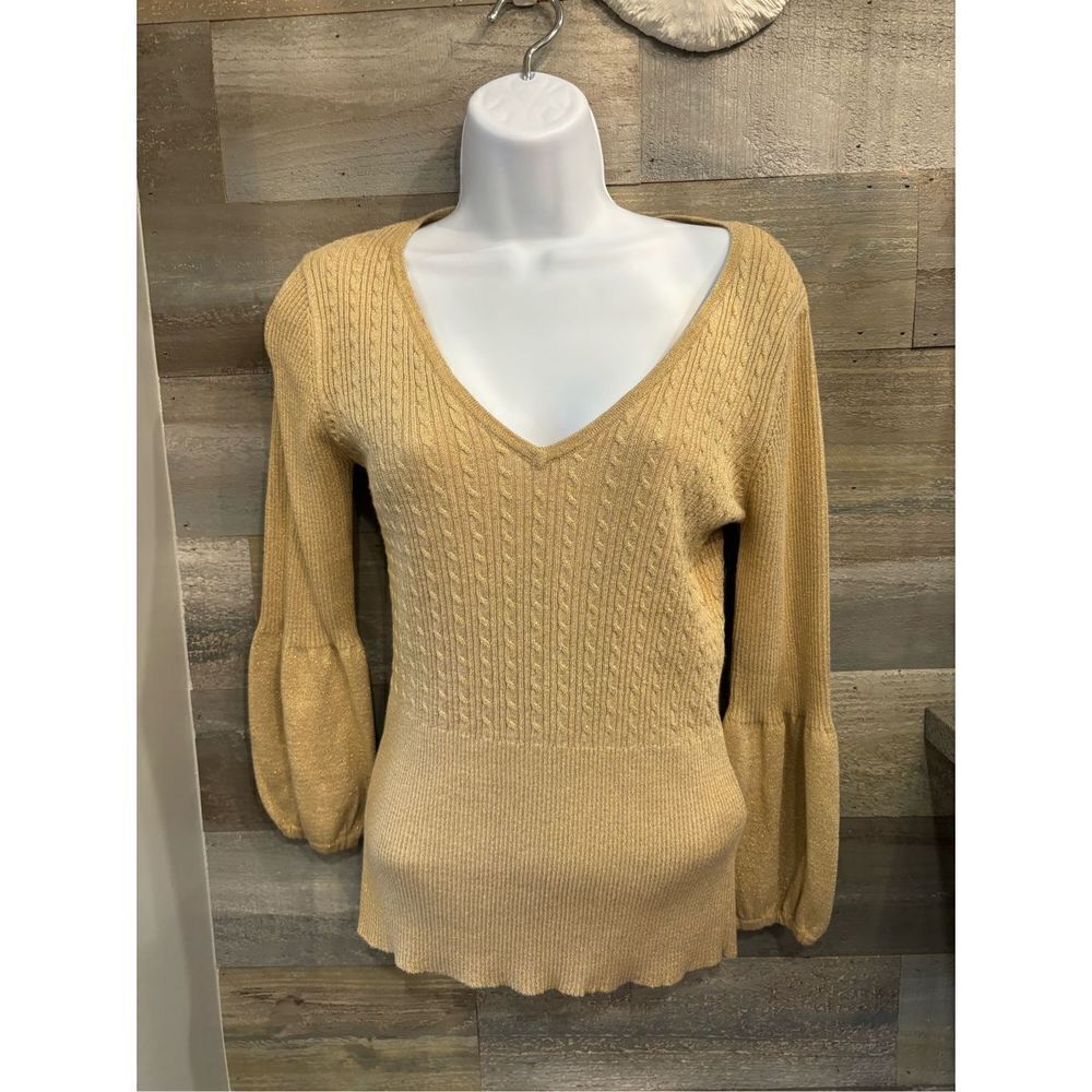 August Silk S gold sparkles infused puffy sleeve smocked sweater